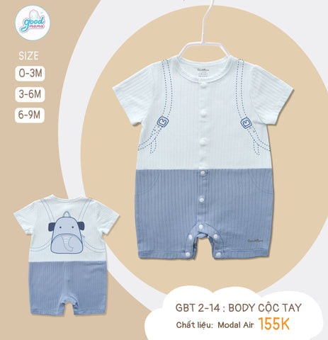 alt text: Hình ảnh bé gái mặc bodysuit cộc tay màu hồng pastel của Goodmama, chất liệu mềm mại, thoáng mát. Bodysuit giúp bé thoải mái vận động và dễ dàng thay bỉm.