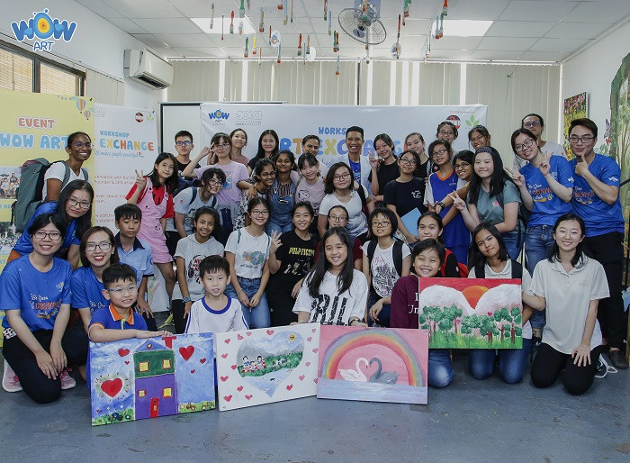 Alt text: Hình ảnh Trung tâm vẽ sáng tạo Wow Art với không gian học tập đầy màu sắc và các bé đang say mê vẽ tranh.
