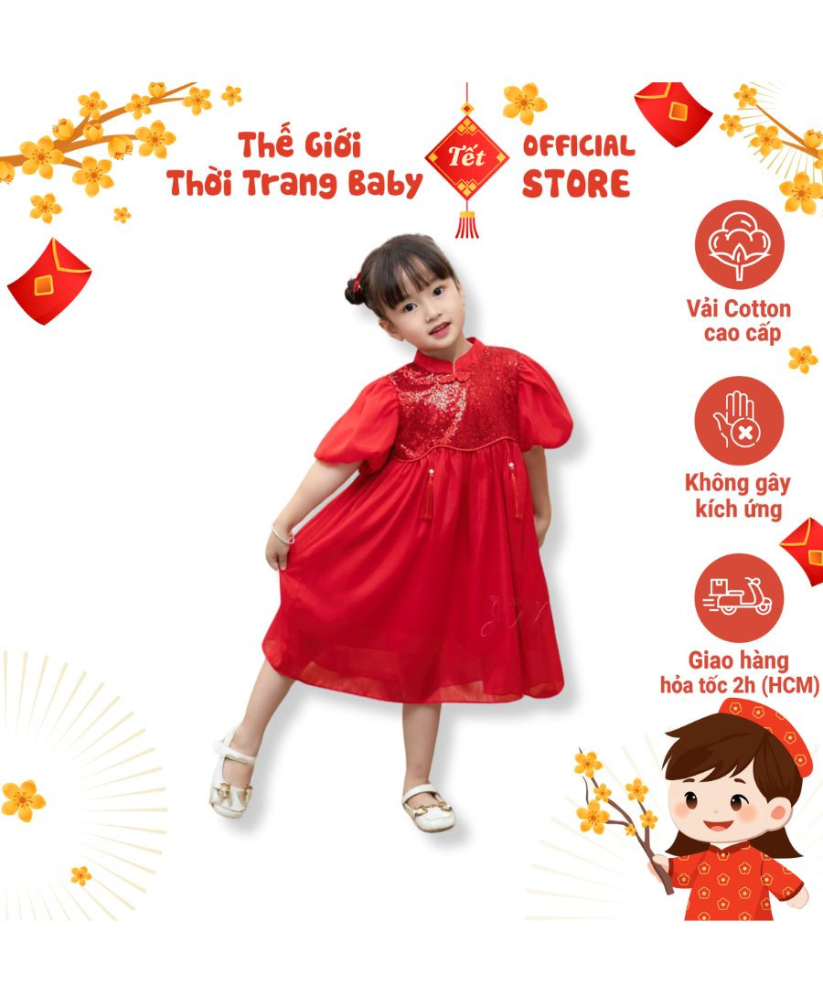 alt text: Váy sườn xám đỏ cho bé gái