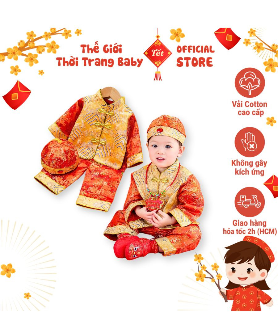 Bộ tết cho bé trai dưới 3 tuổi SE179, vải gấm hoa cam sang trọng, set kèm nón